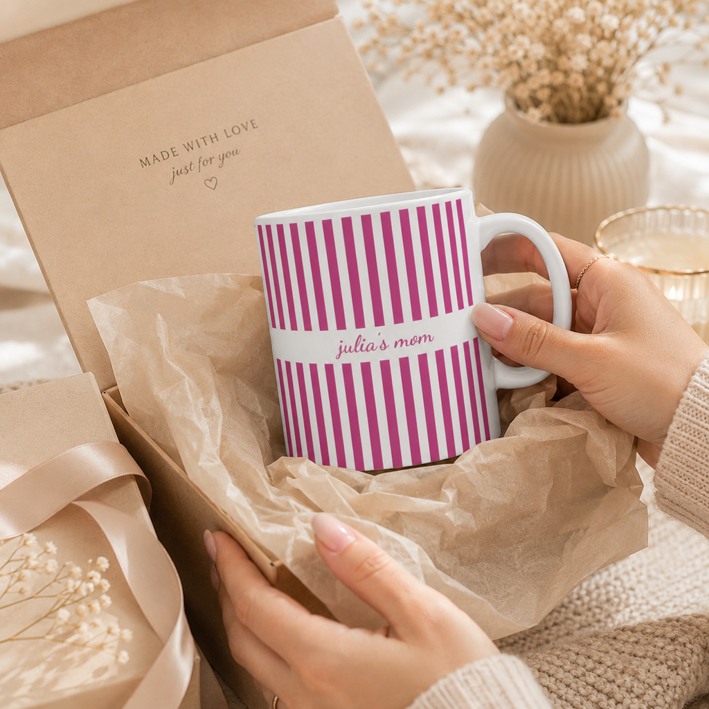 Personalized pink stripe pattern mug shown from the side