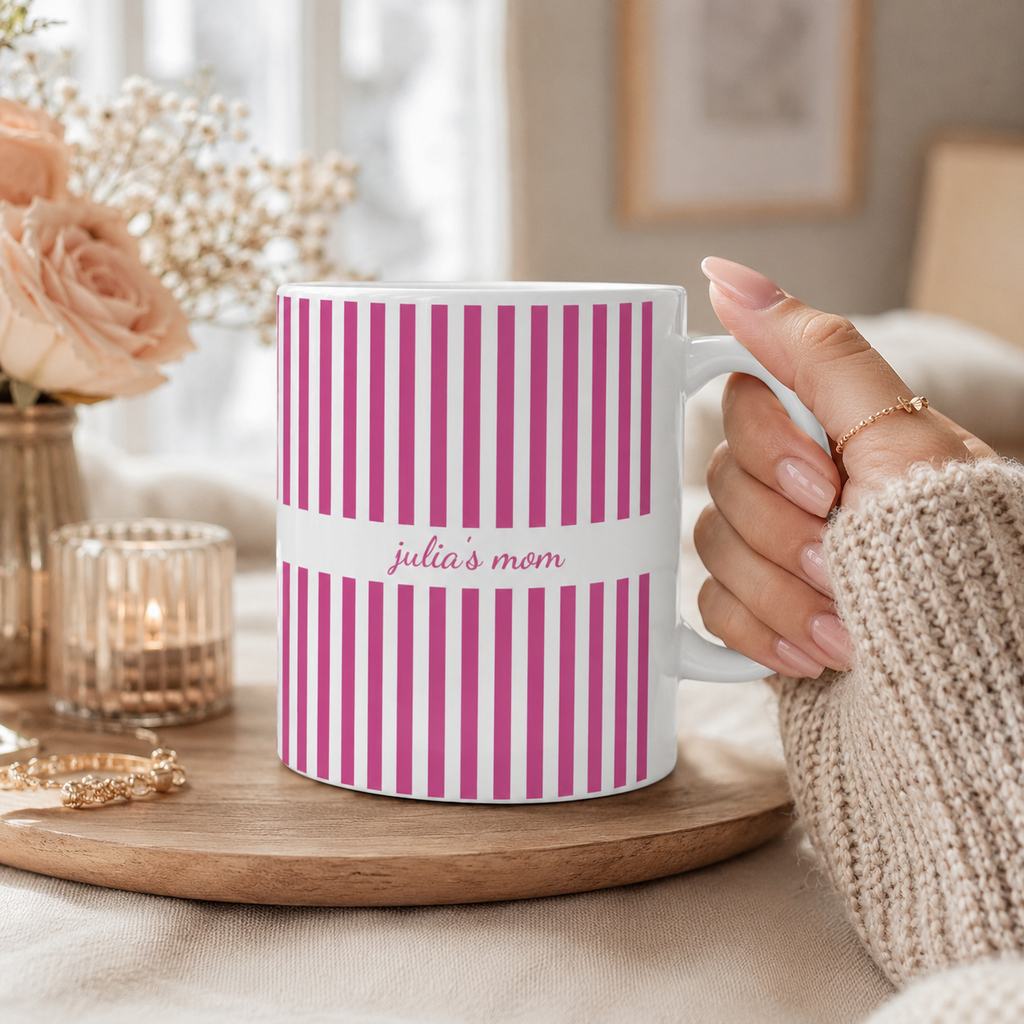 Personalized pink stripe pattern mug size and detail view, 11oz and 15oz