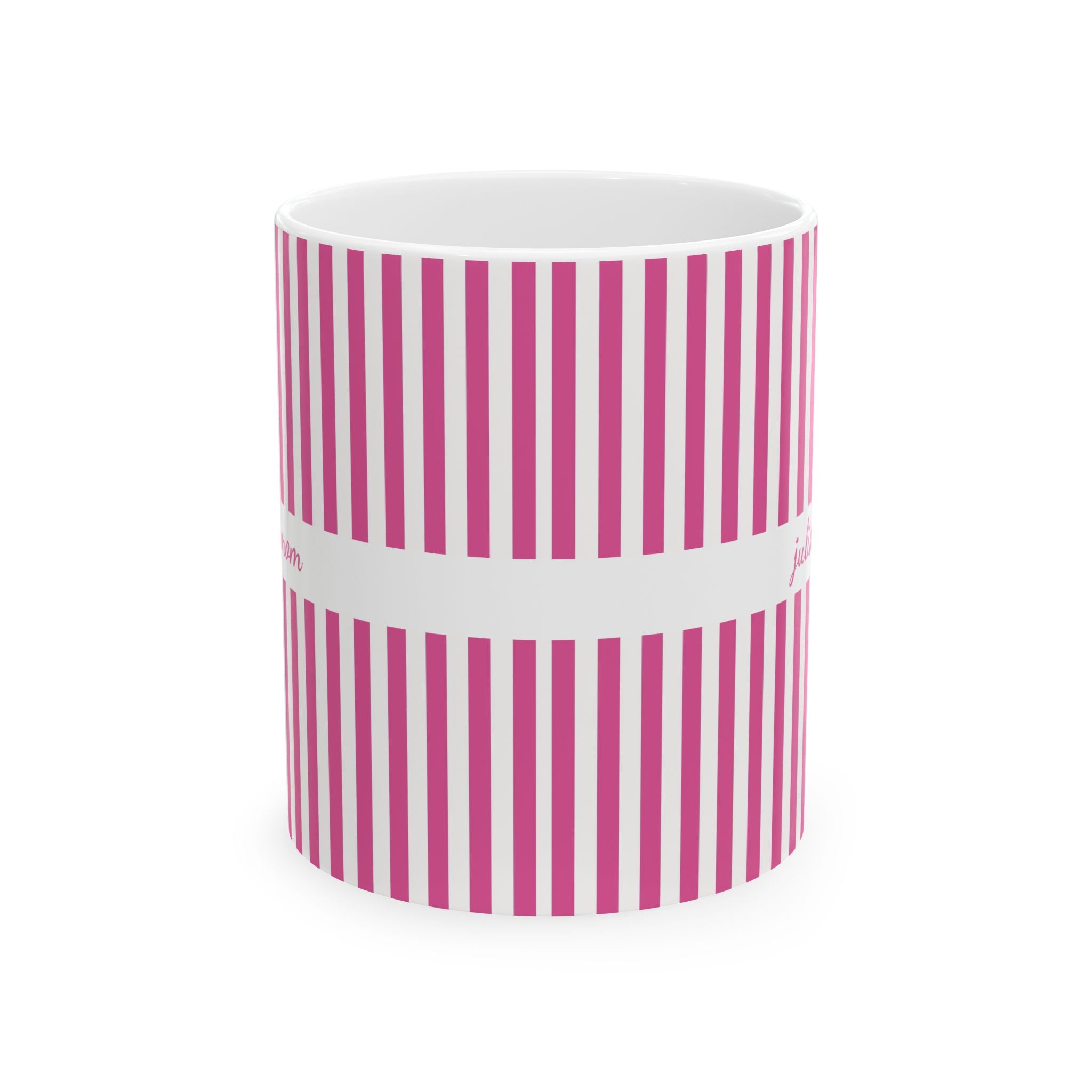 Personalized pink stripe pattern mug shown on a table as a birthday gift