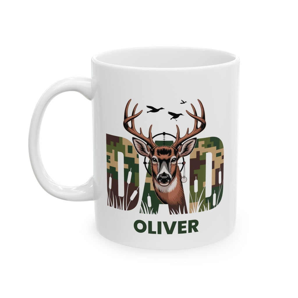Personalized camo hunting mug displayed on a desk