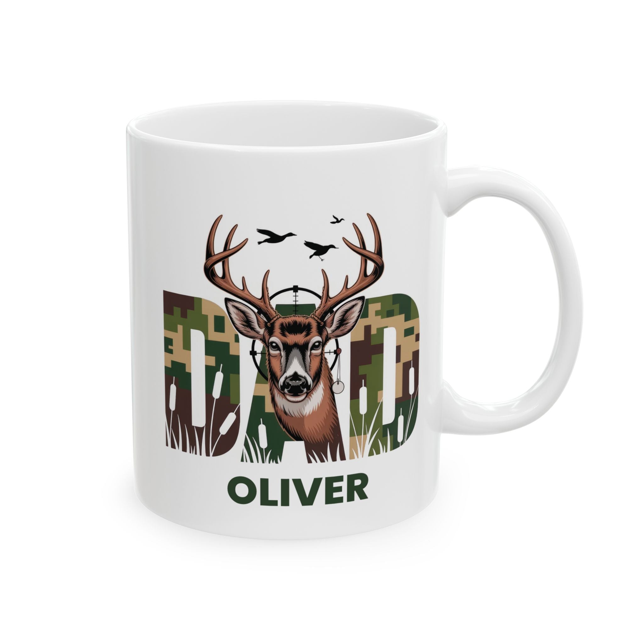 Personalized camo hunting mug for dad, front view