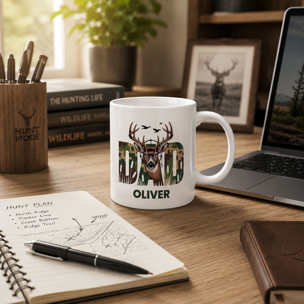Personalized camo hunting mug displayed as a gift
