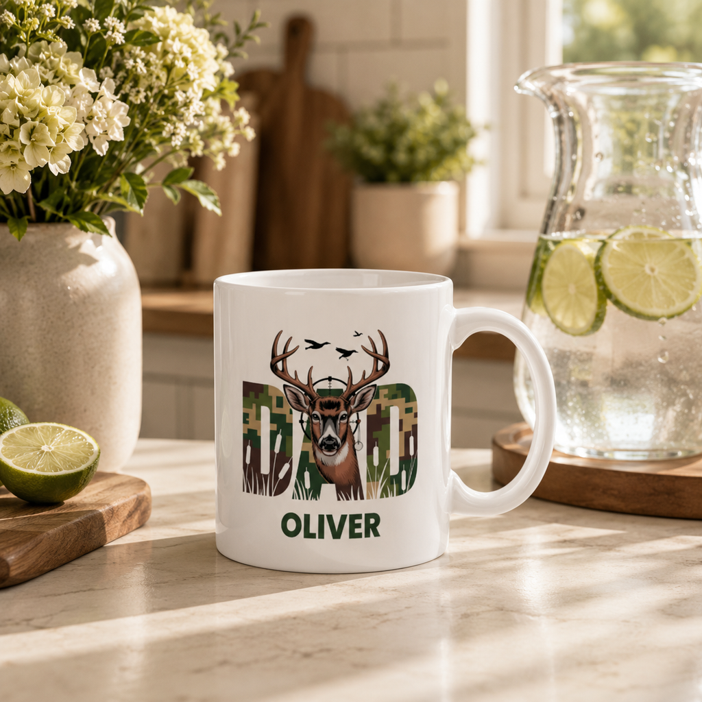 Personalized camo hunting mug shown from the side