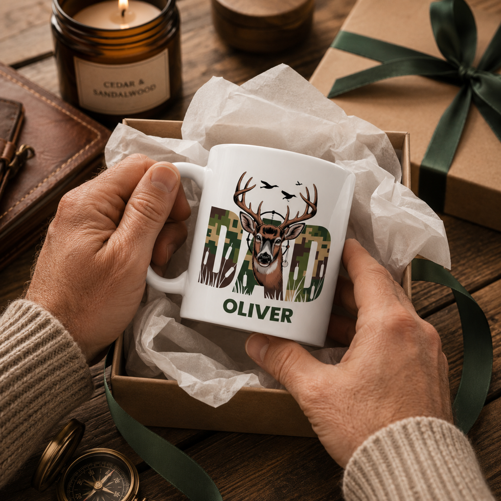 Personalized camo hunting mug size and detail view, 11oz and 15oz