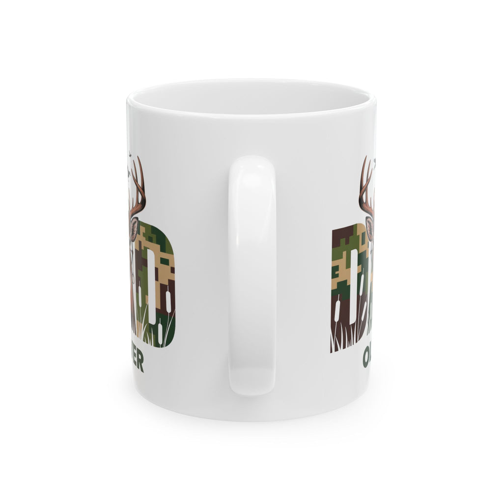 Personalized camo hunting mug shown on a table as a Father's Day gift
