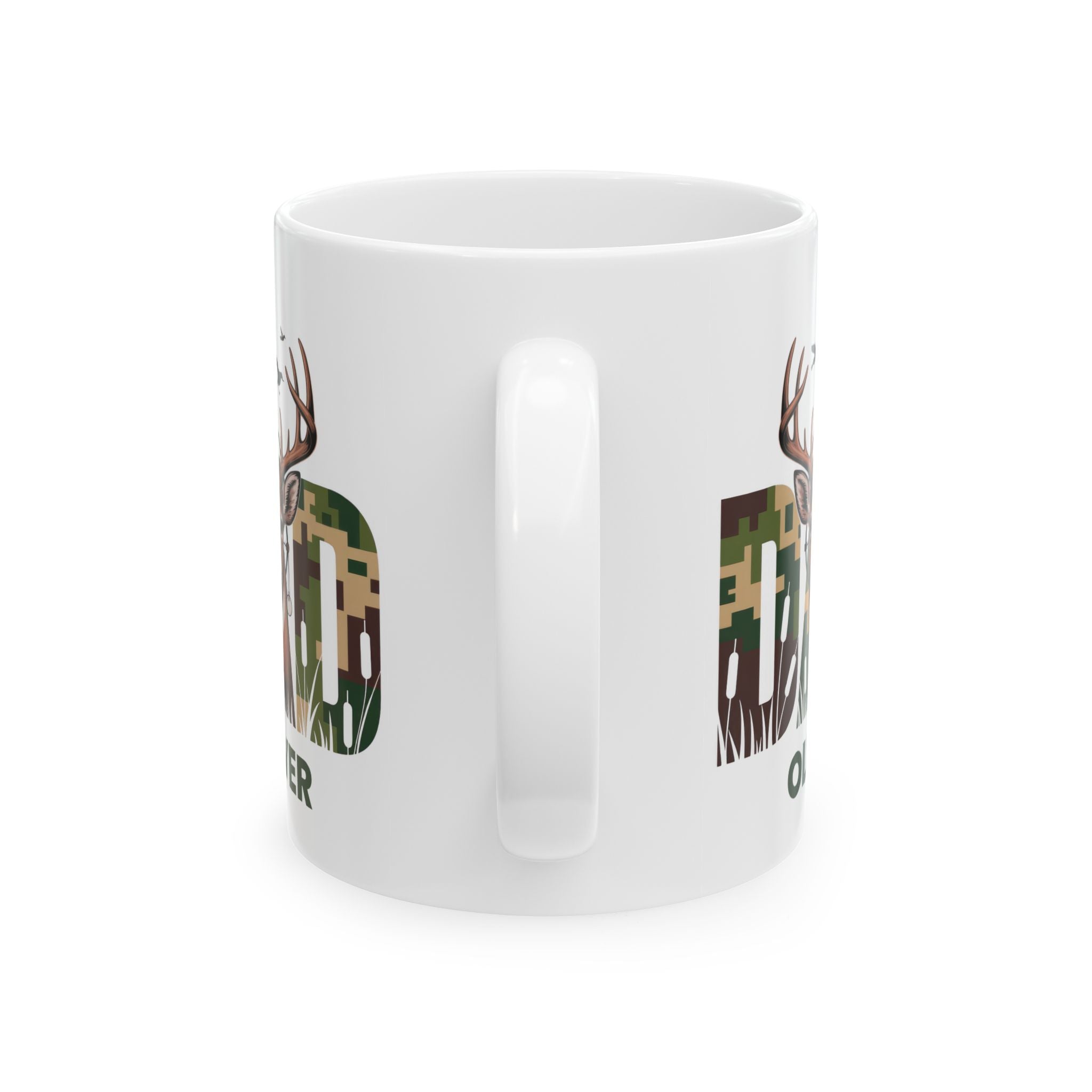 Personalized camo hunting mug shown on a table as a Father's Day gift