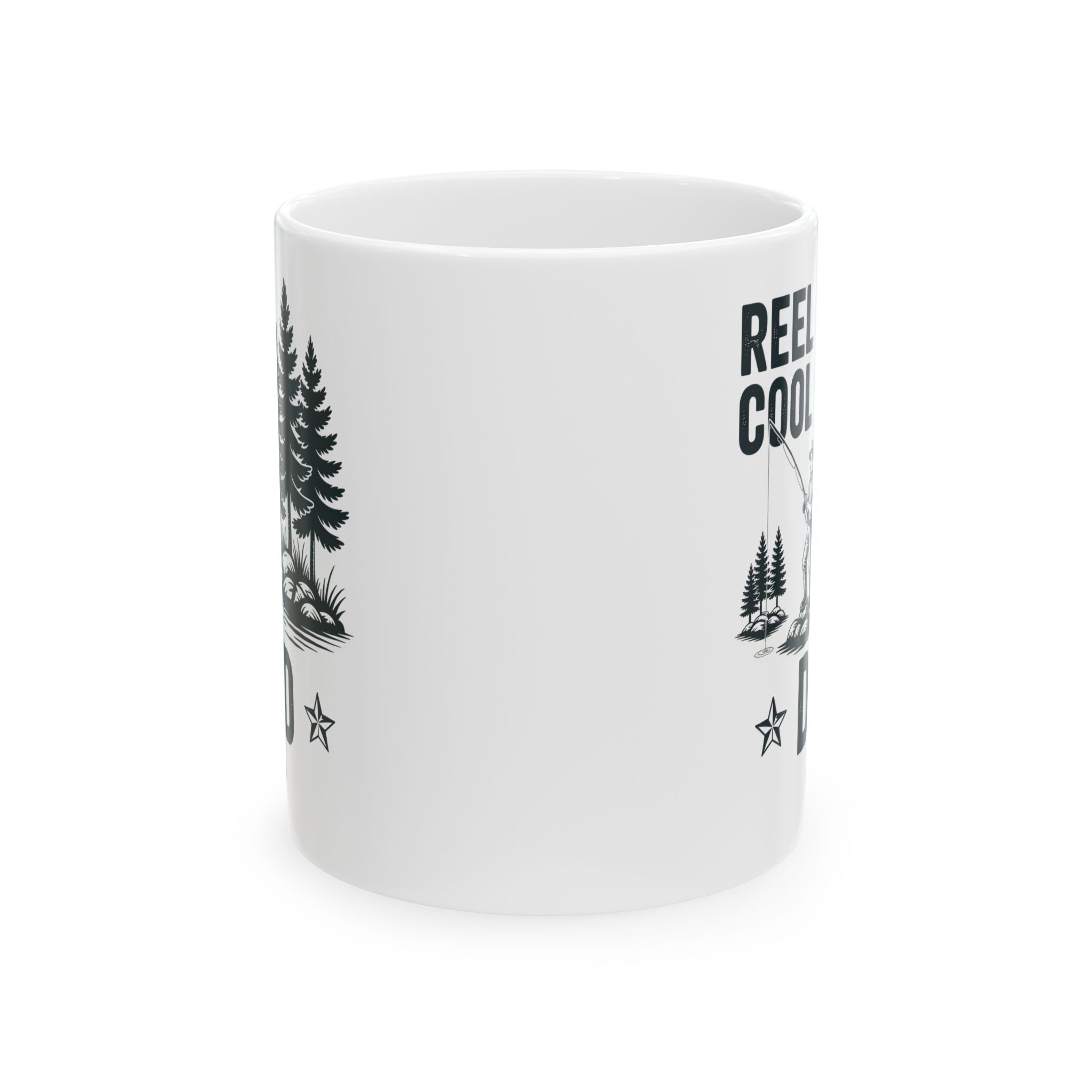 Personalized camping outdoors Reel Cool Dad mug displayed on a desk