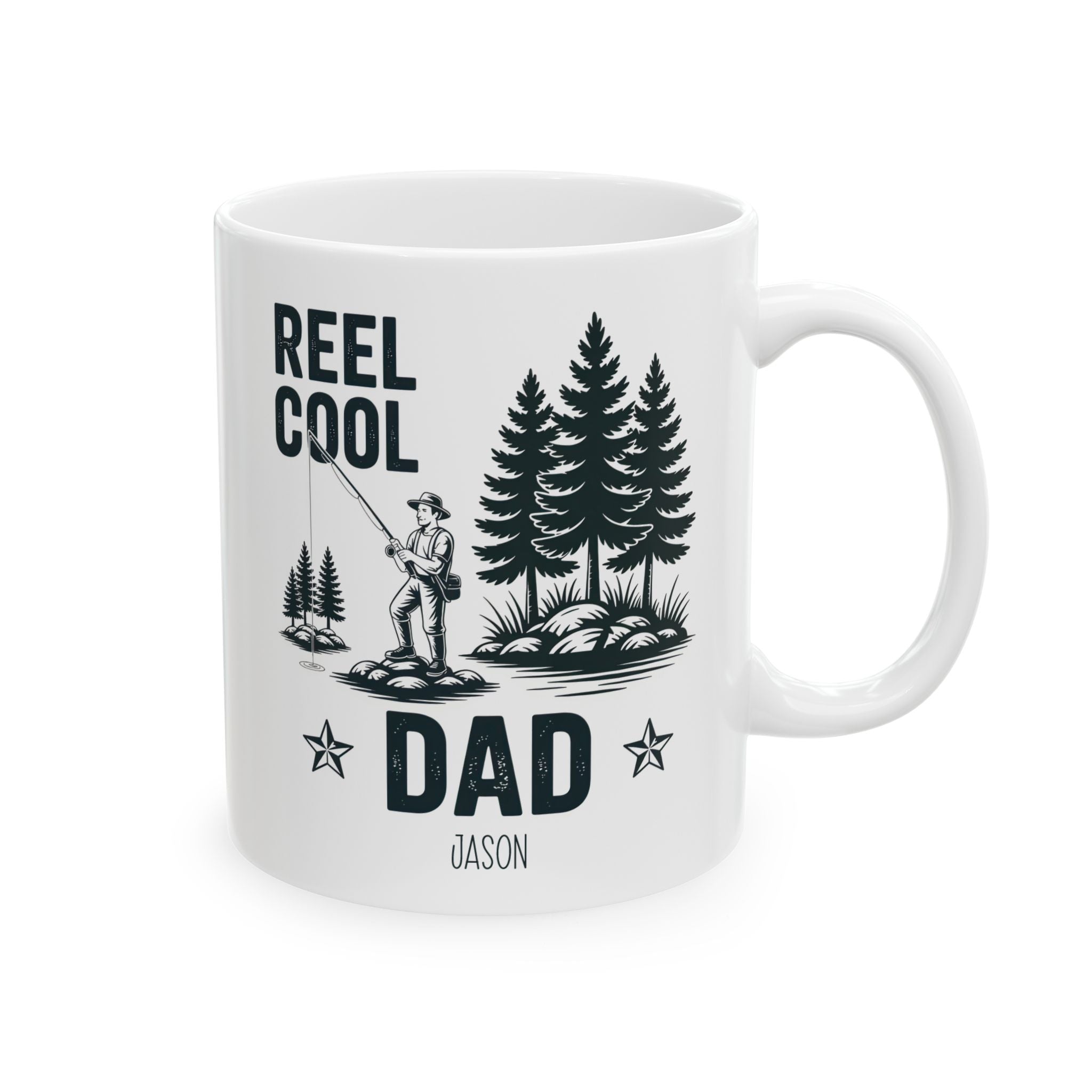Personalized camping outdoors Reel Cool Dad mug for dad, front view