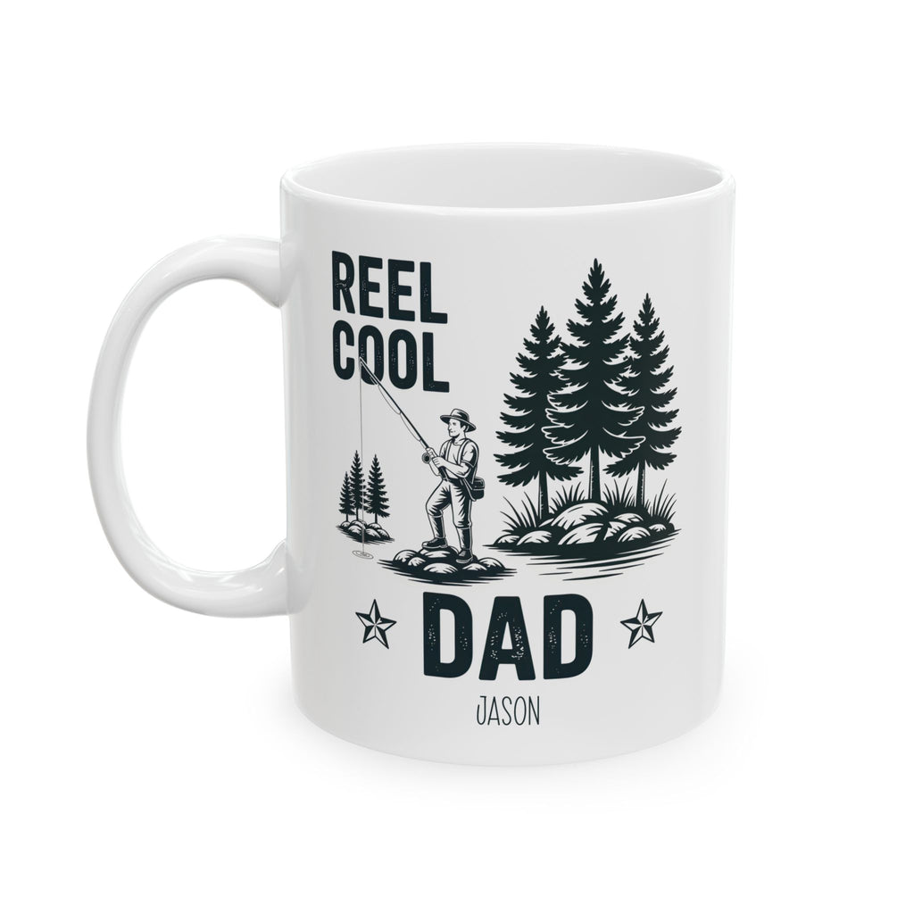 Personalized camping outdoors Reel Cool Dad mug held in hand