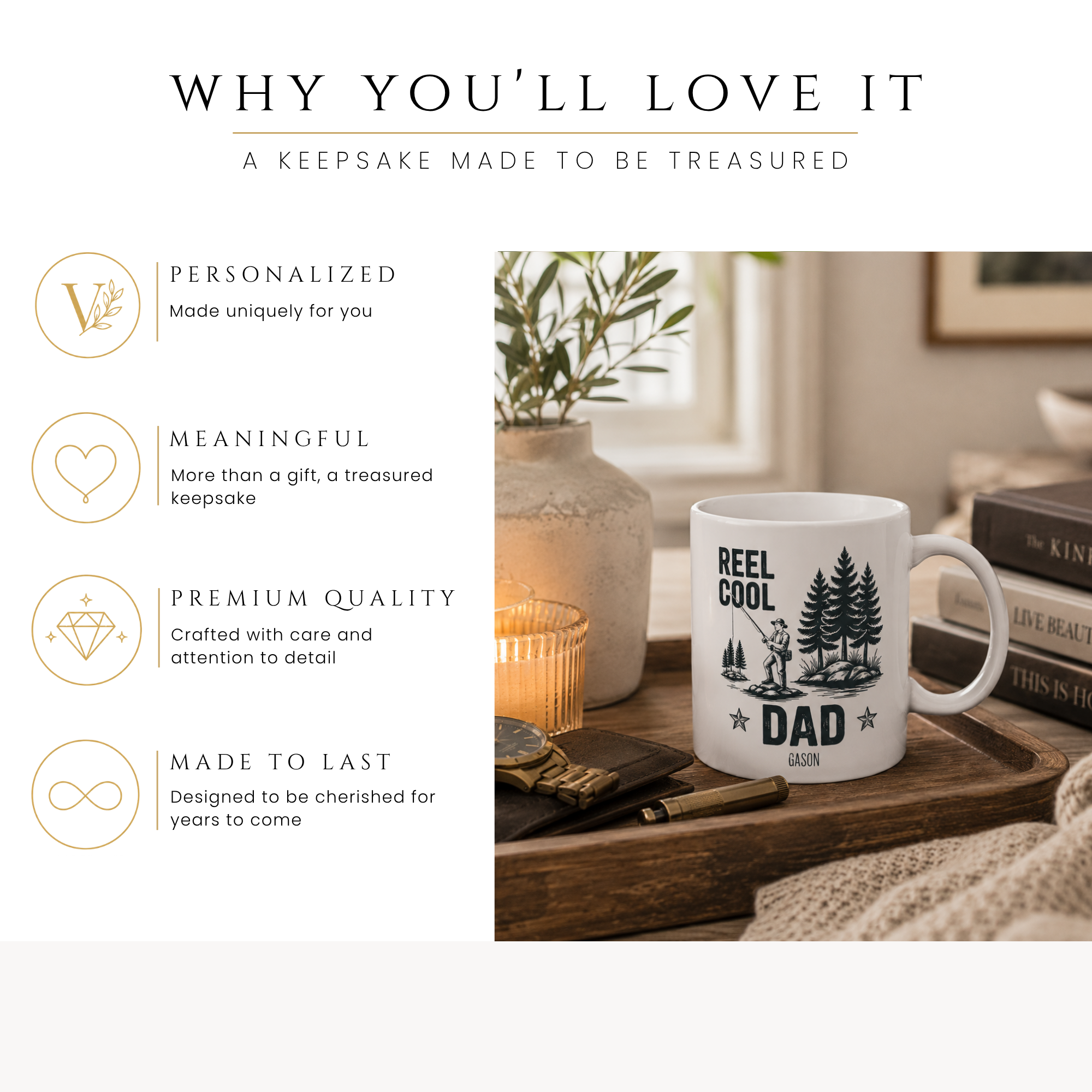 Personalized camping outdoors Reel Cool Dad mug, handle-side view
