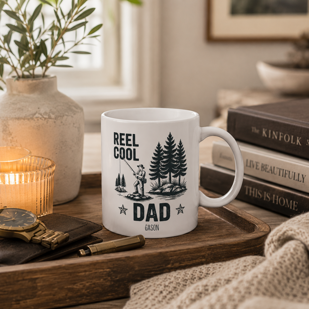 Personalized camping outdoors Reel Cool Dad mug shown from the side