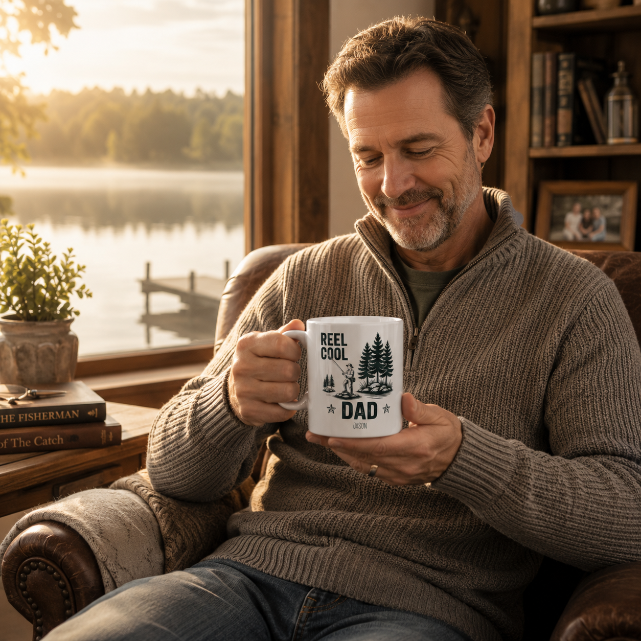 Personalized camping outdoors Reel Cool Dad mug size and detail view, 11oz and 15oz