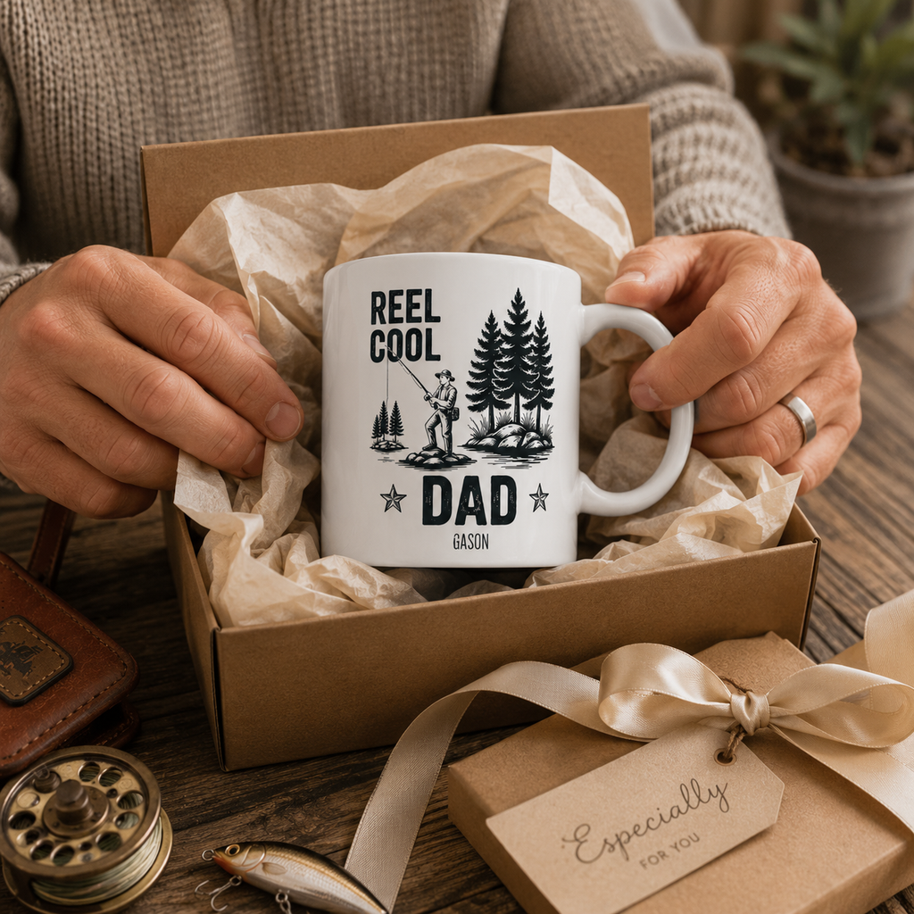 Personalized camping outdoors Reel Cool Dad mug shown on a table as a Father's Day gift