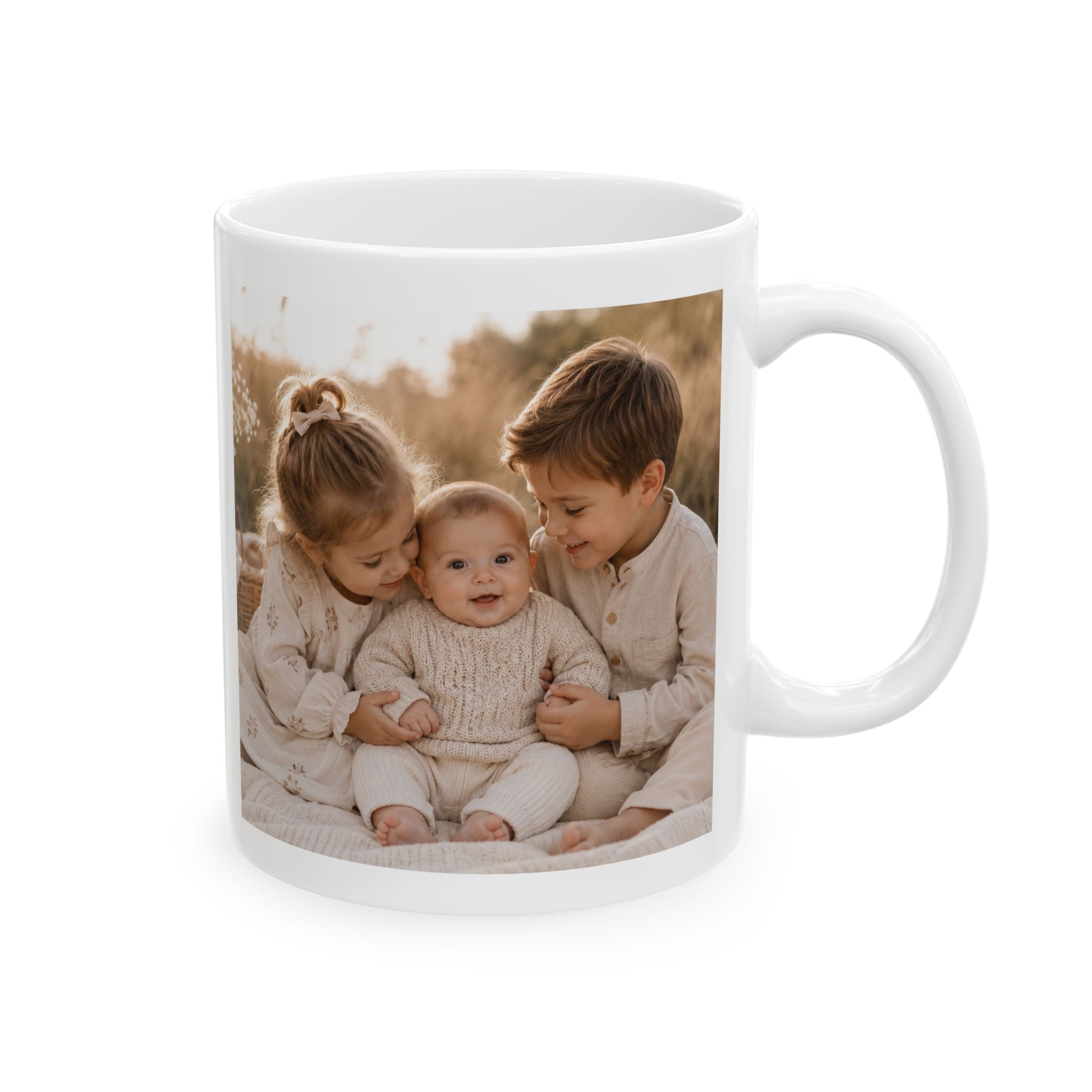 Personalized Christmas with grandkids photo mug displayed on a desk