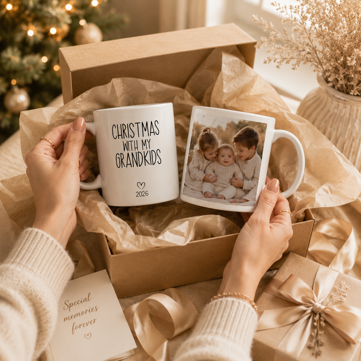Personalized Christmas with grandkids photo mug displayed as a gift