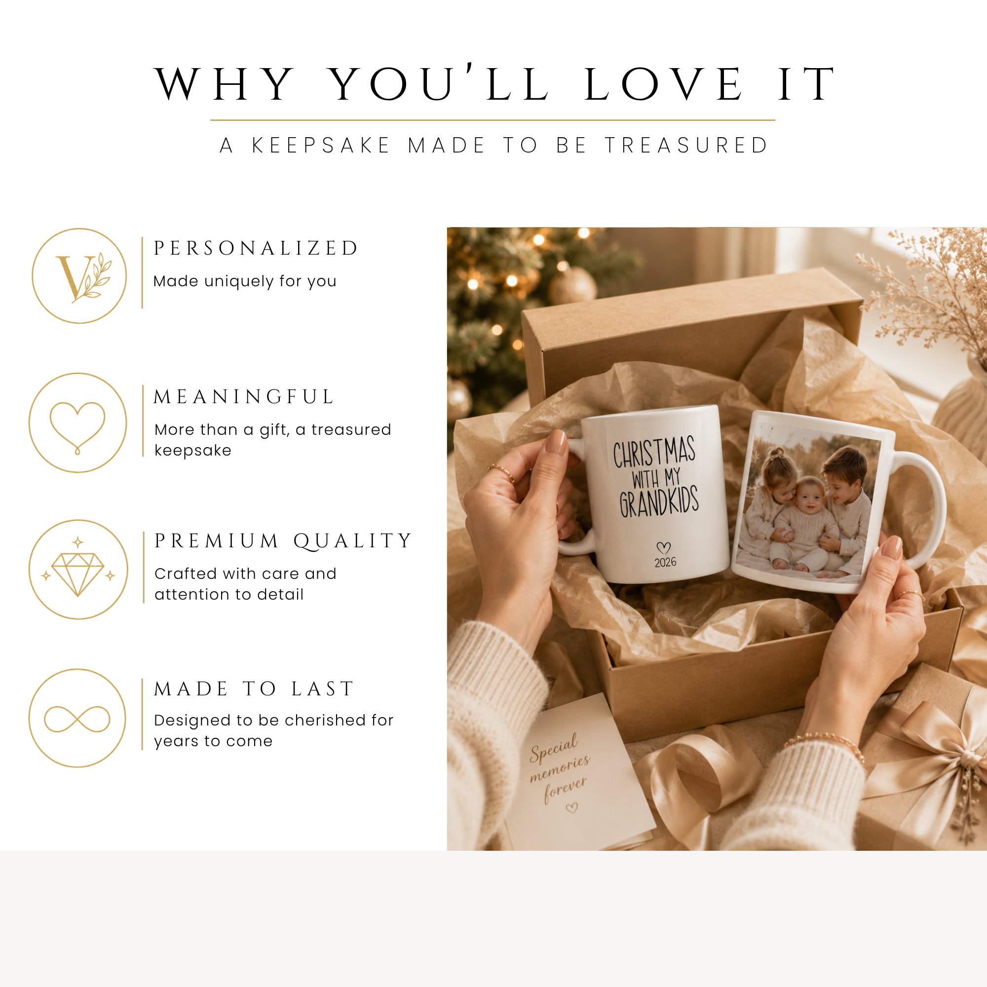 Personalized Christmas with grandkids photo mug, handle-side view