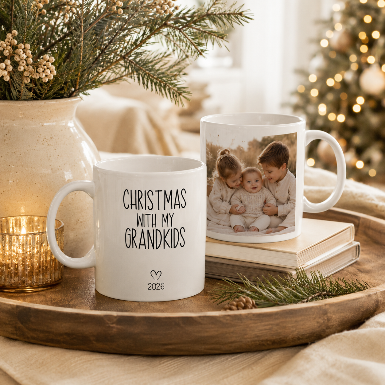 Personalized Christmas with grandkids photo mug shown from the side