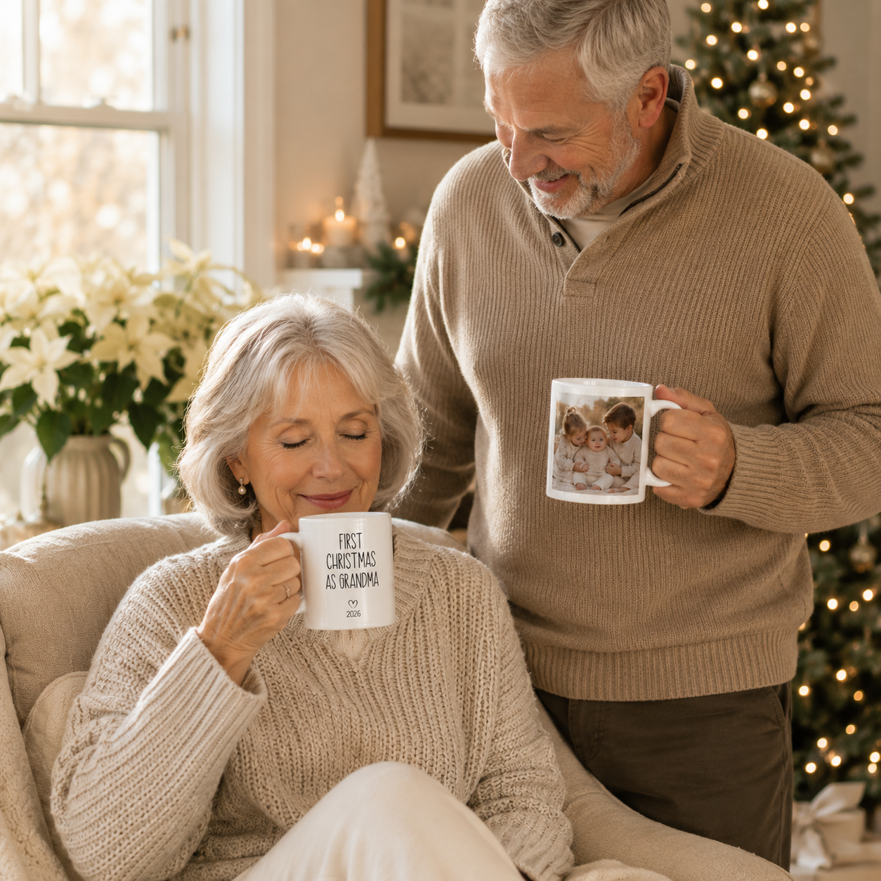 Personalized Christmas with grandkids photo mug size and detail view, 11oz and 15oz