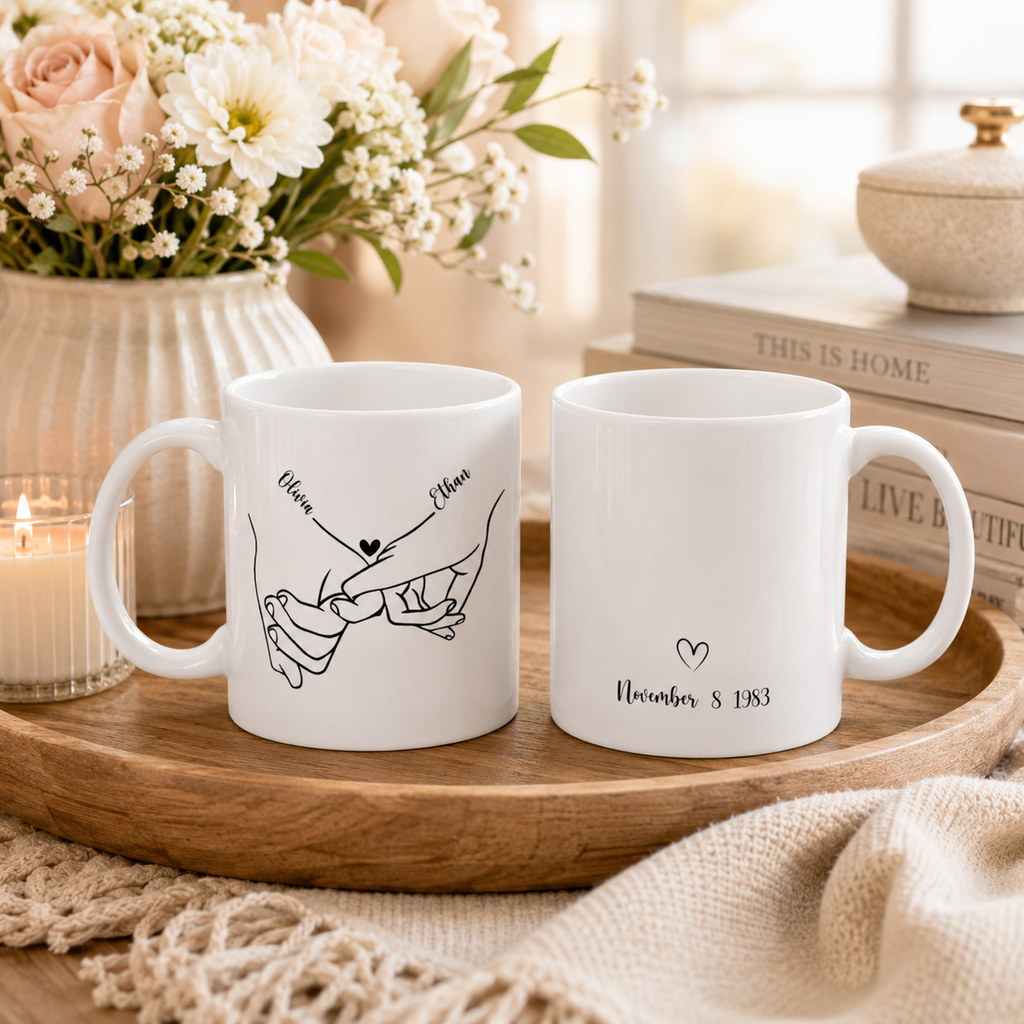 Personalized pinky promise mug shown from the side