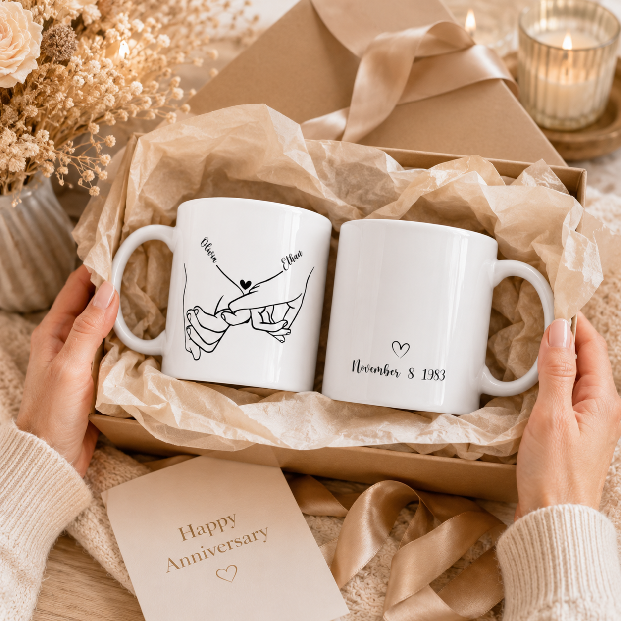 Personalized pinky promise mug size and detail view, 11oz and 15oz