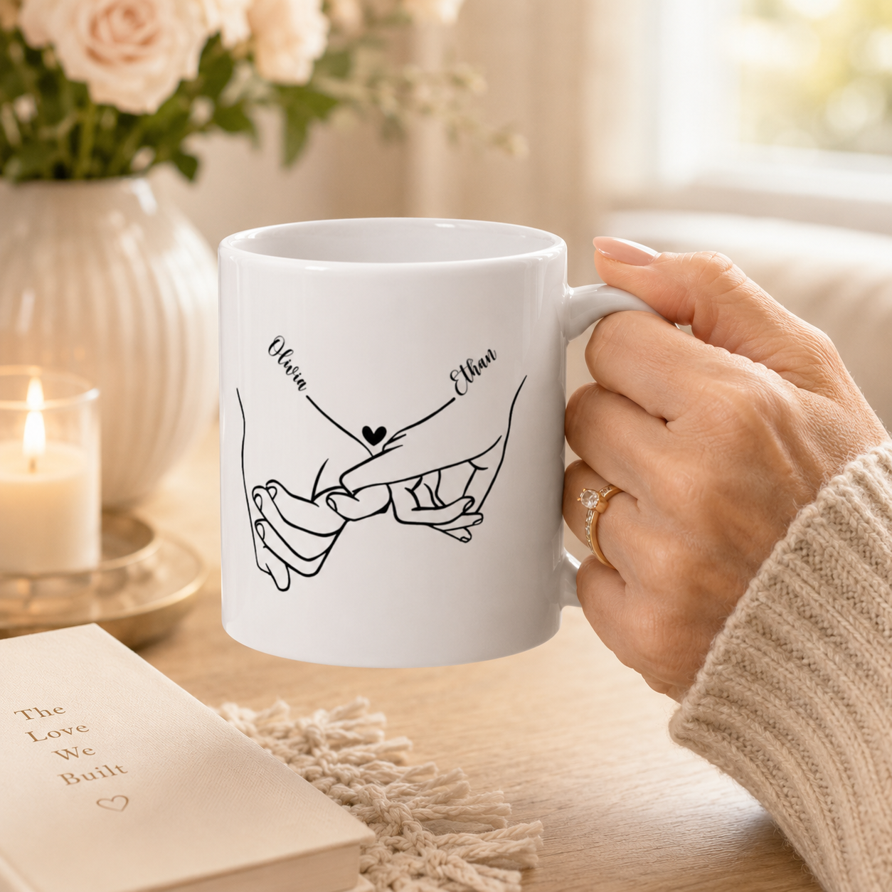 Personalized pinky promise mug shown on a table as an engagement gift