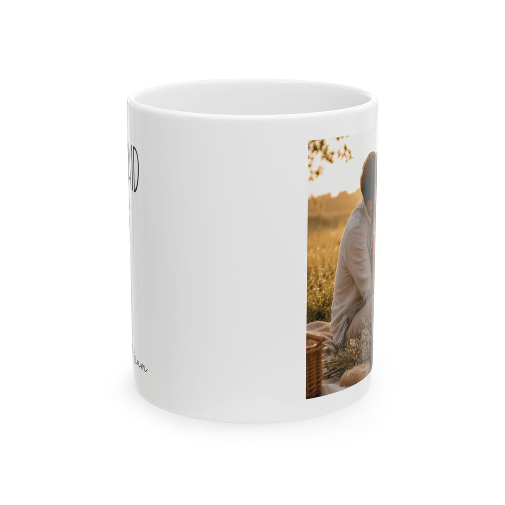 Personalized she said yes photo mug displayed on a desk