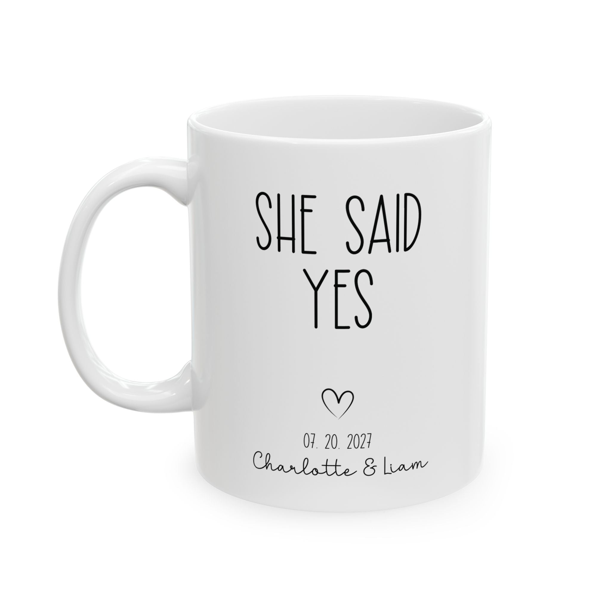 Personalized she said yes photo mug for engaged couple, front view