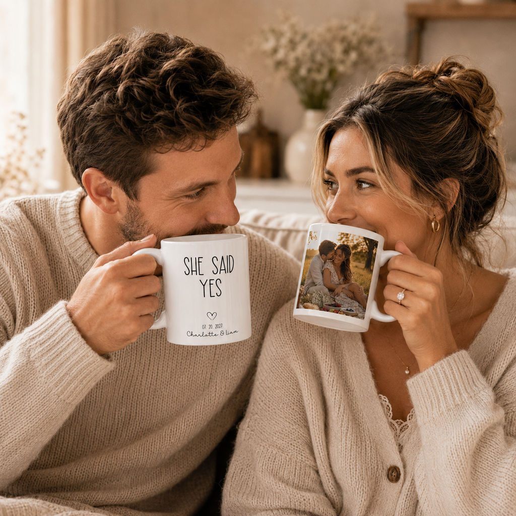 Personalized she said yes photo mug displayed as a gift