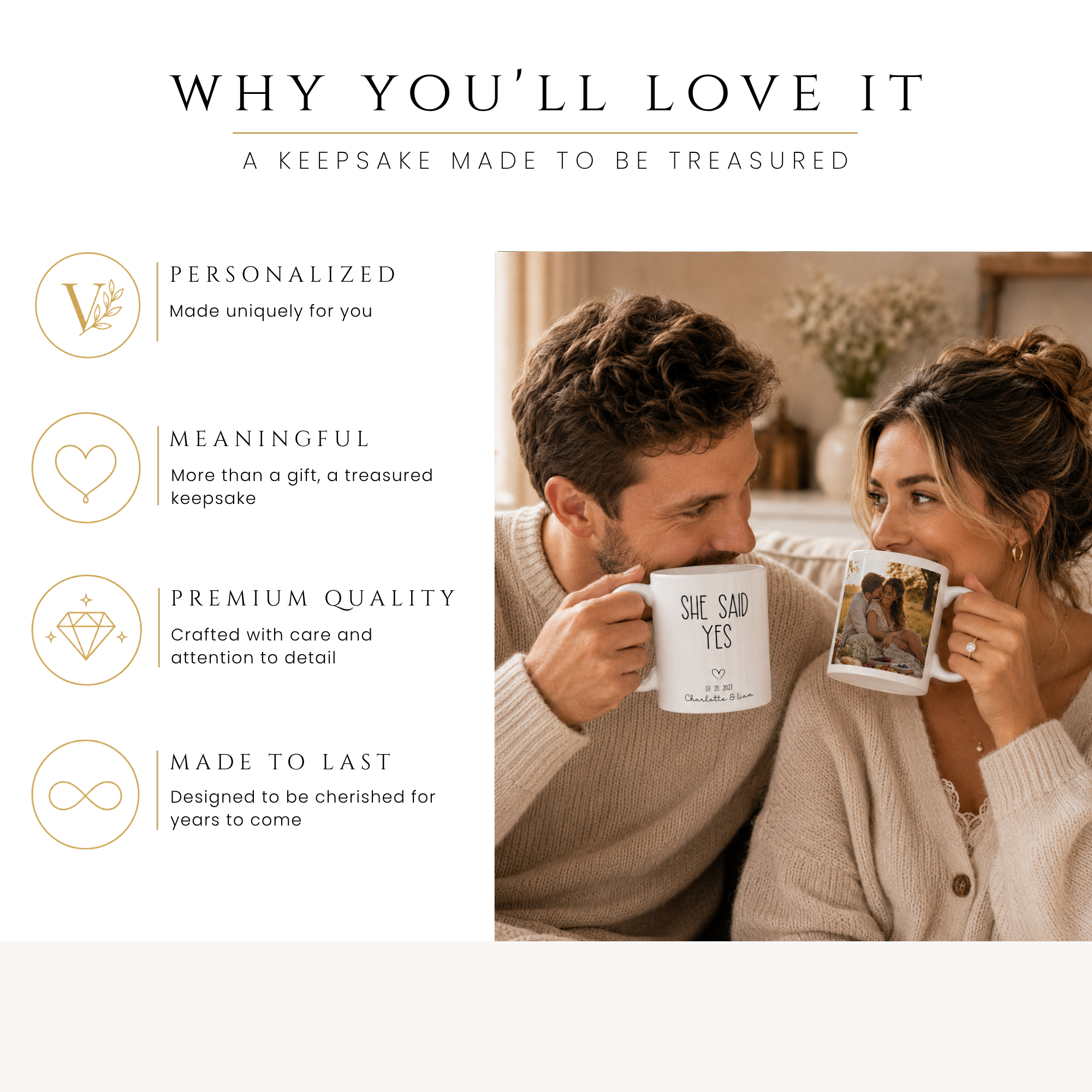 Personalized she said yes photo mug, handle-side view