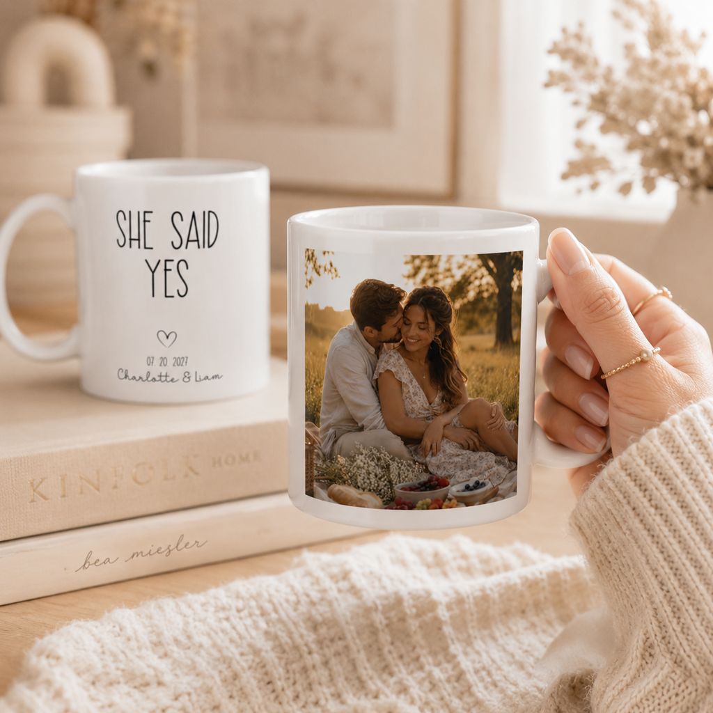 Personalized she said yes photo mug shown from the side