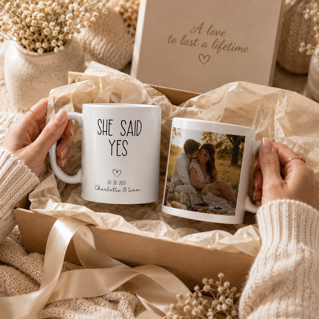 Personalized she said yes photo mug size and detail view, 11oz and 15oz