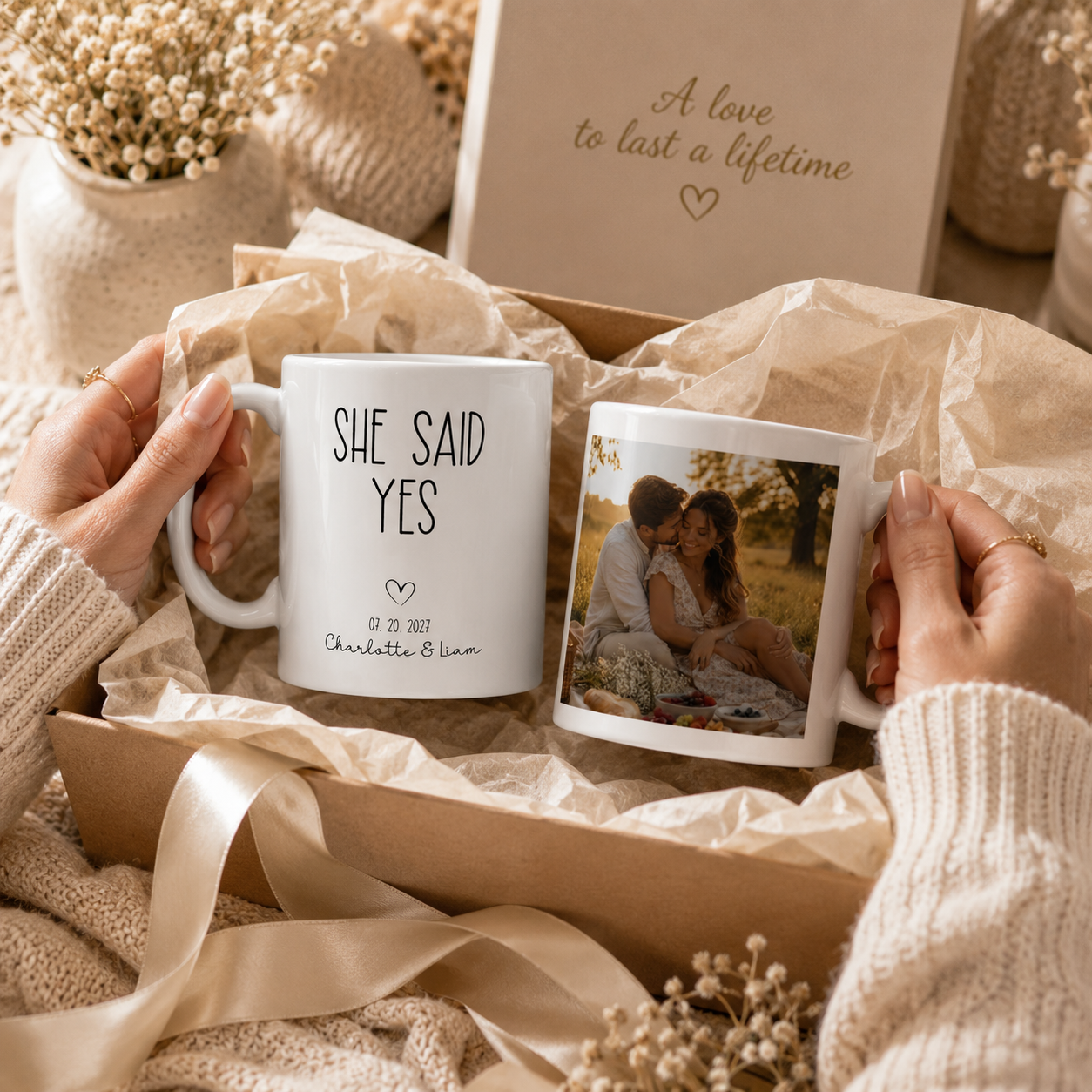 Personalized she said yes photo mug size and detail view, 11oz and 15oz