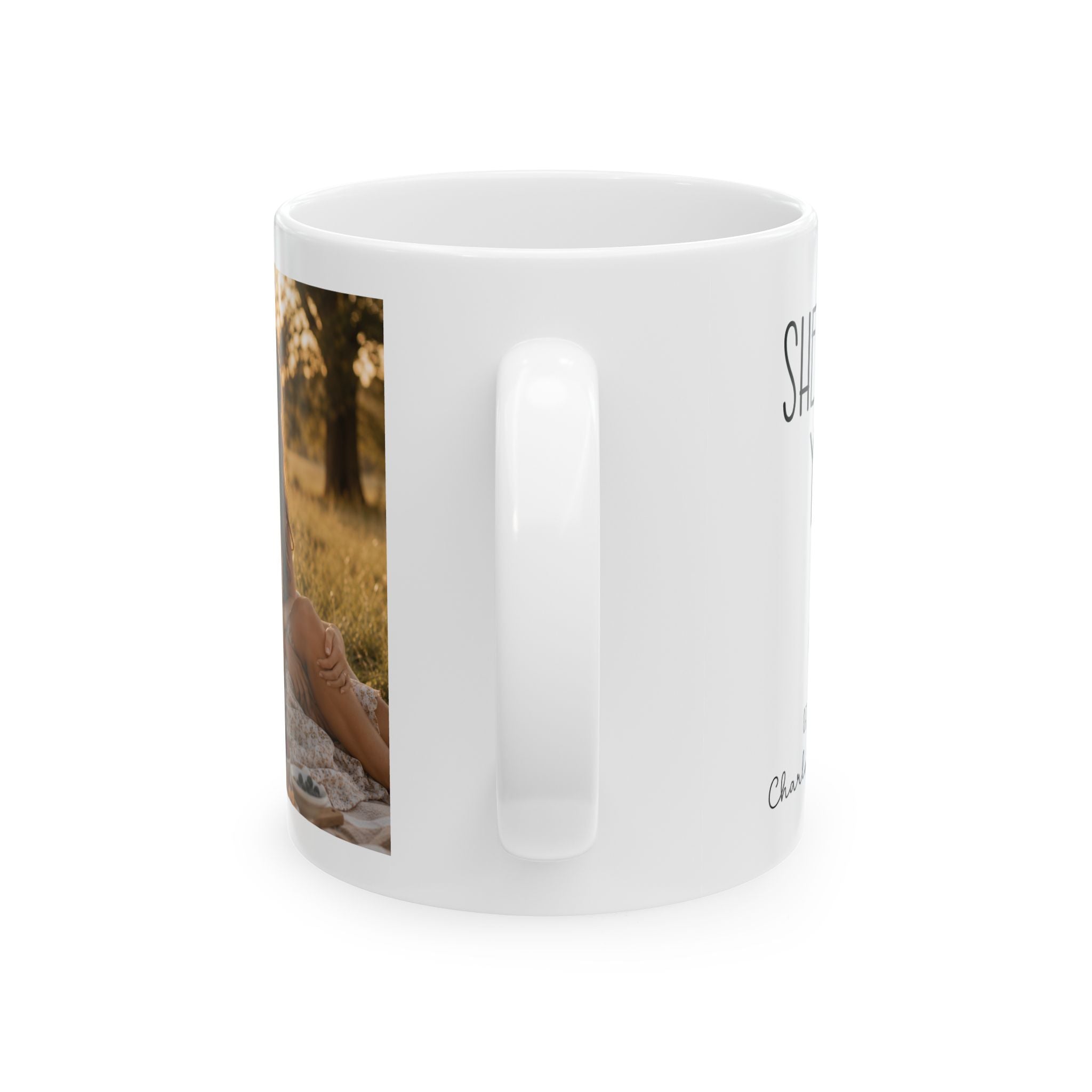 Personalized she said yes photo mug shown on a table as an engagement gift