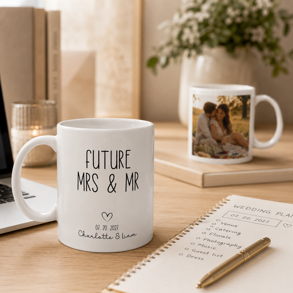 Personalized ceramic mug features — dishwasher and microwave safe