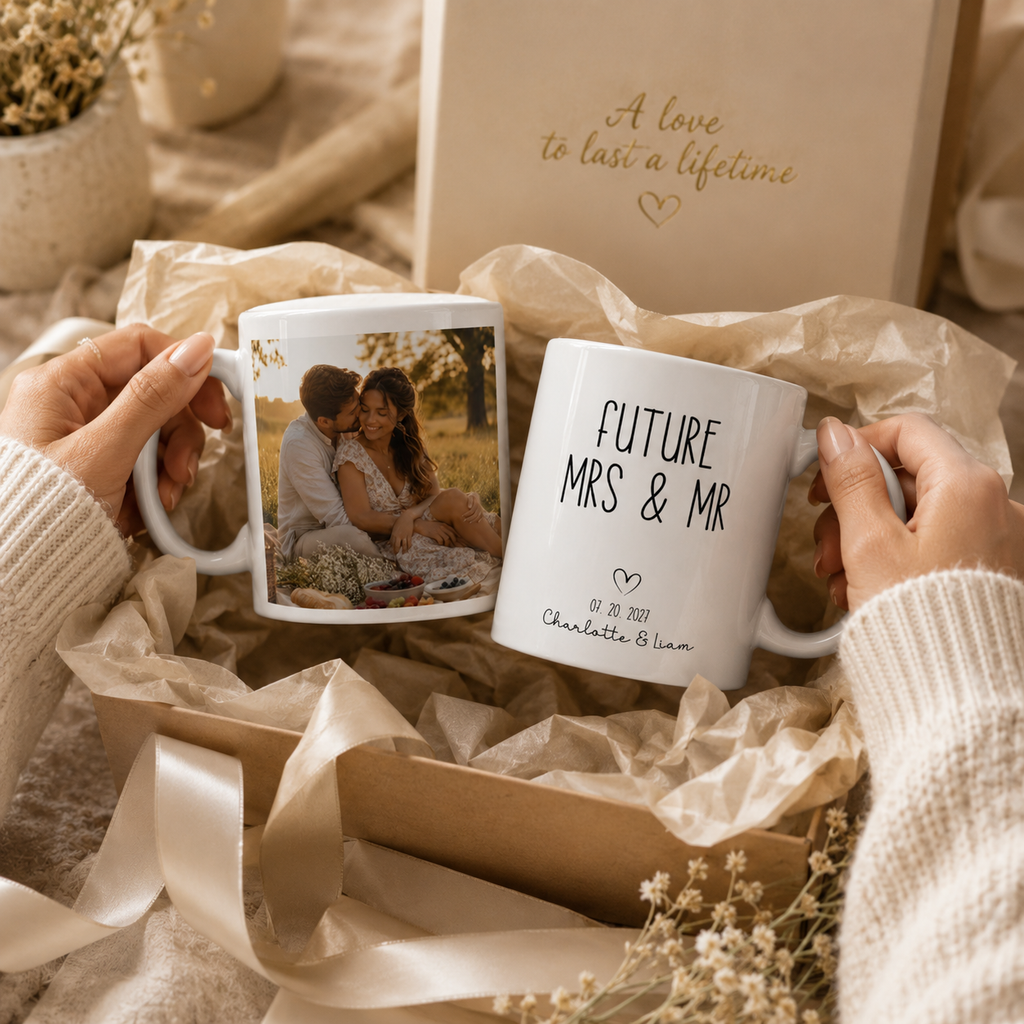 Personalized future Mrs and Mr photo mug displayed as a gift