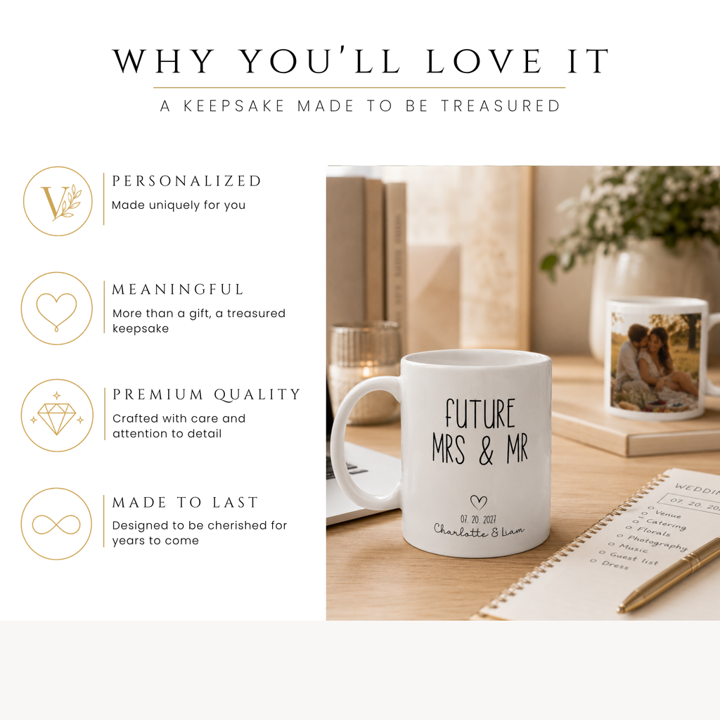 Personalized future Mrs and Mr photo mug, handle-side view