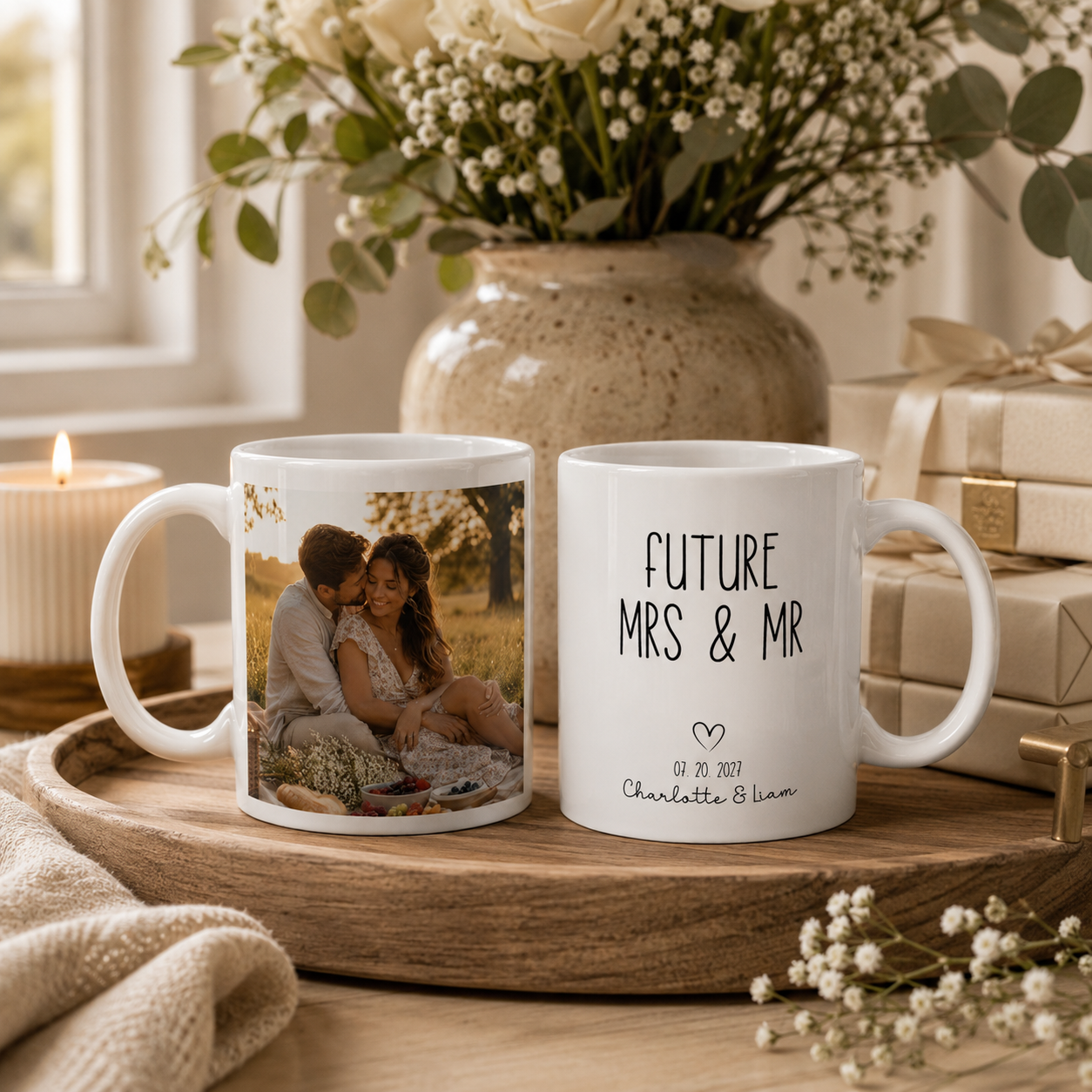 Personalized future Mrs and Mr photo mug shown from the side