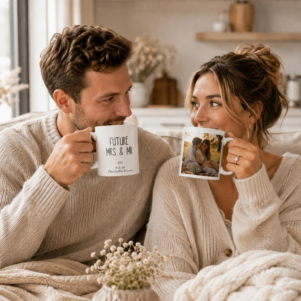 Personalized future Mrs and Mr photo mug size and detail view, 11oz and 15oz