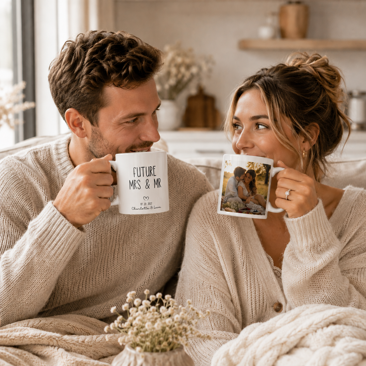 Personalized future Mrs and Mr photo mug size and detail view, 11oz and 15oz