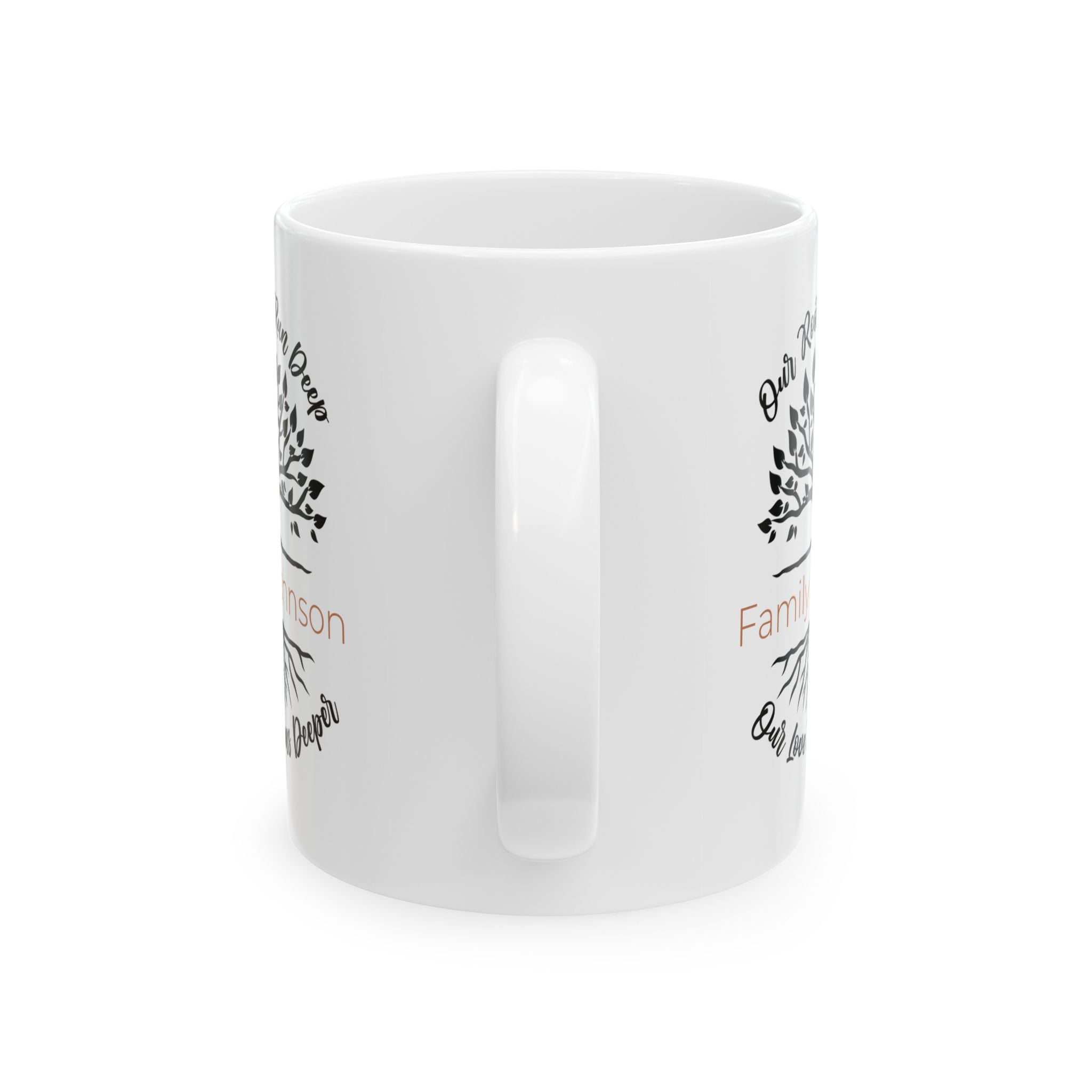 Personalized family tree mug displayed on a desk