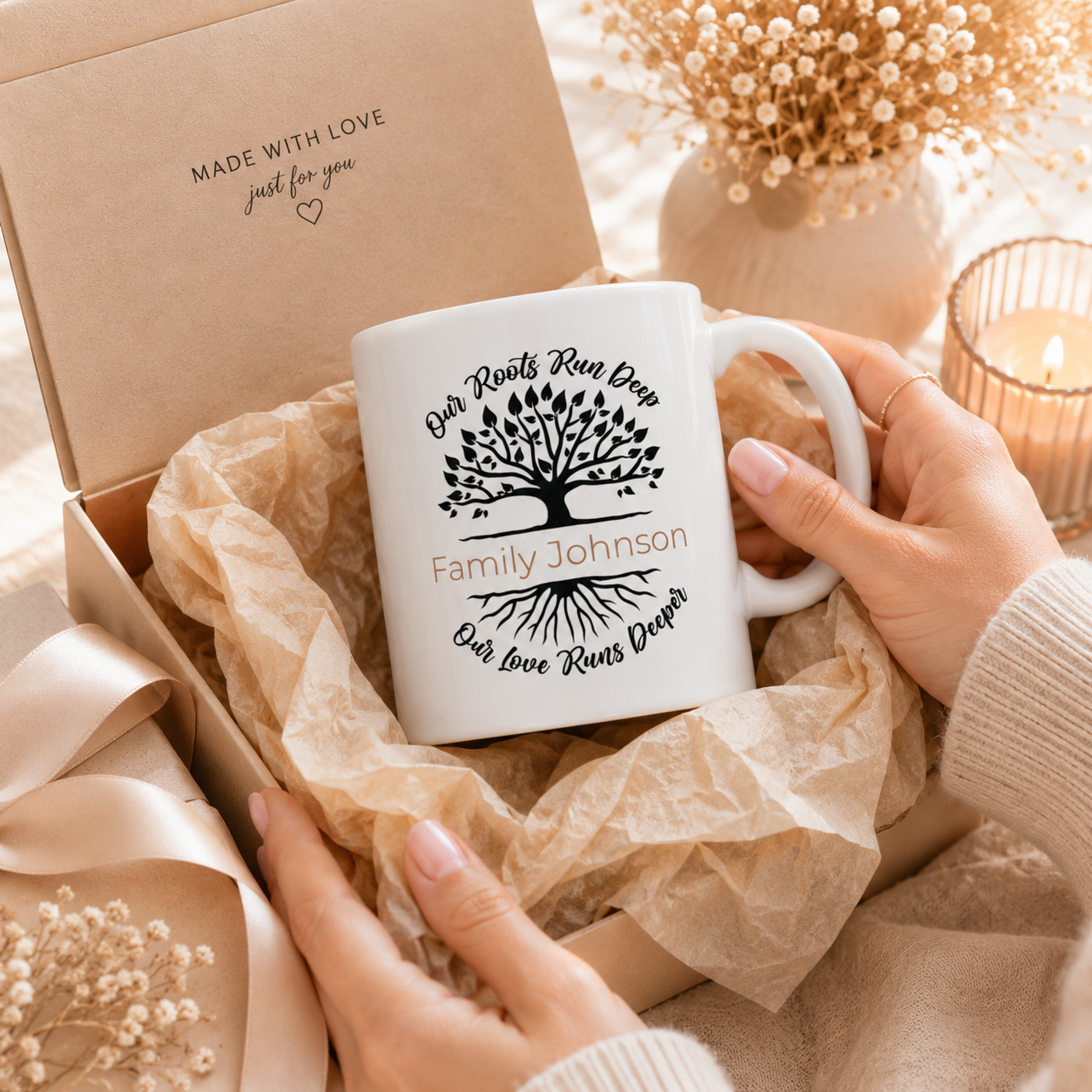 Personalized family tree mug size and detail view, 11oz and 15oz