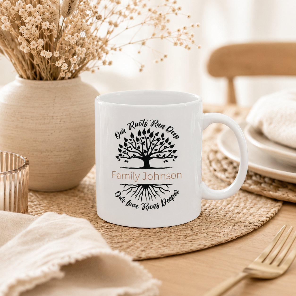 Personalized family tree mug shown on a table as a housewarming gift
