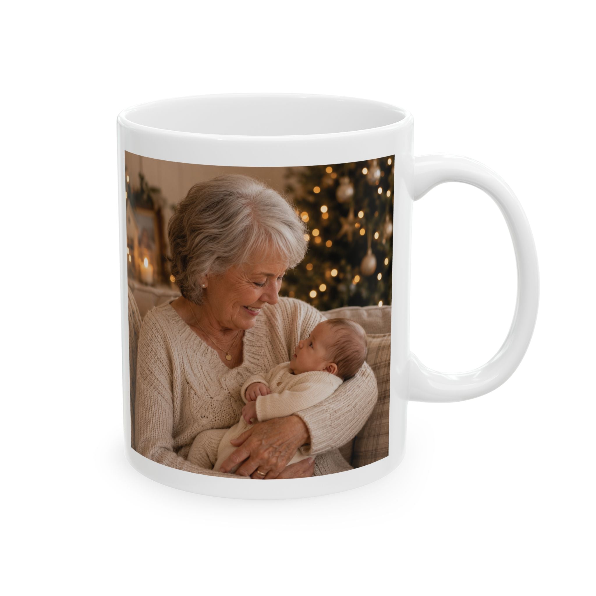 Personalized first Christmas grandma photo mug displayed on a desk