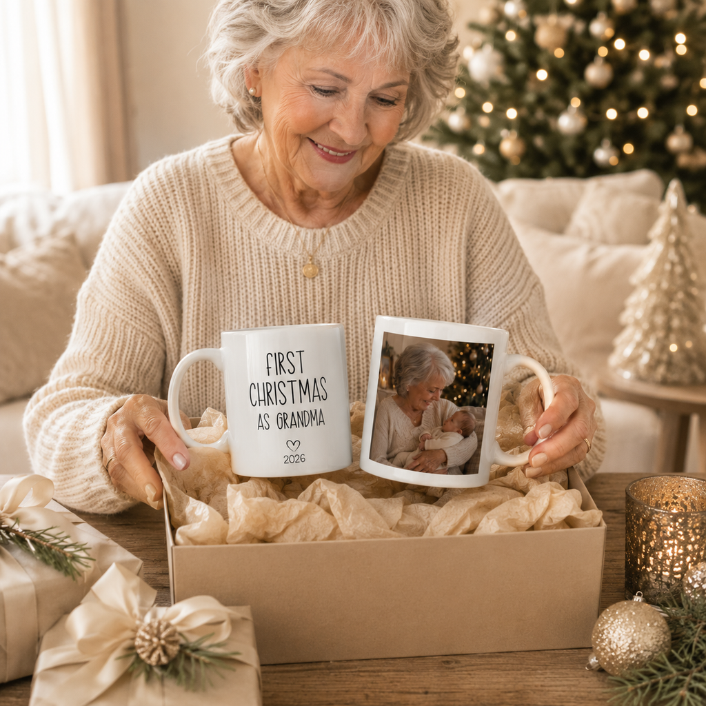 Personalized first Christmas grandma photo mug displayed as a gift