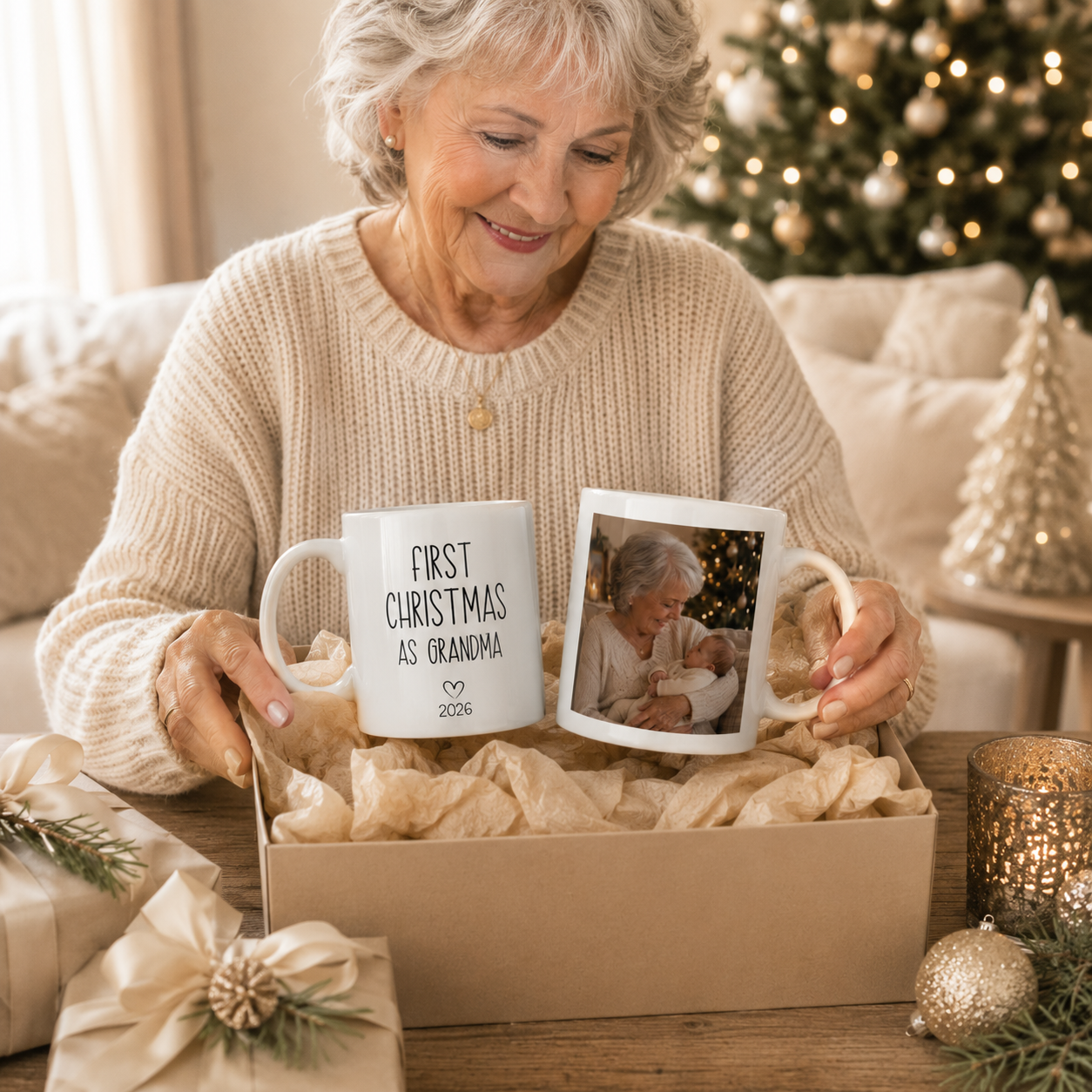 Personalized first Christmas grandma photo mug displayed as a gift