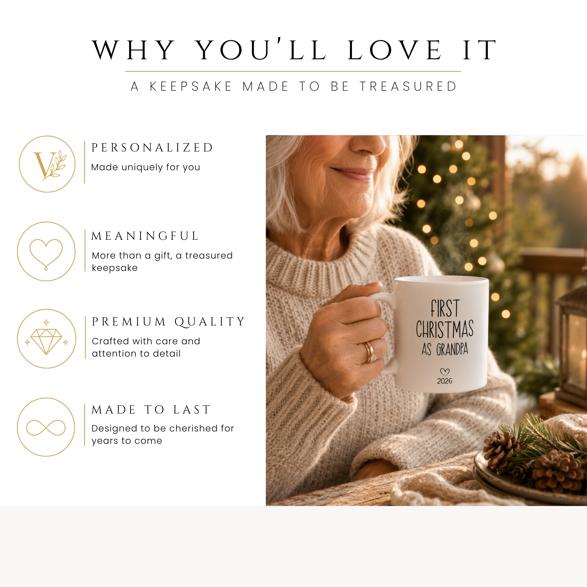 Personalized first Christmas grandma photo mug, handle-side view