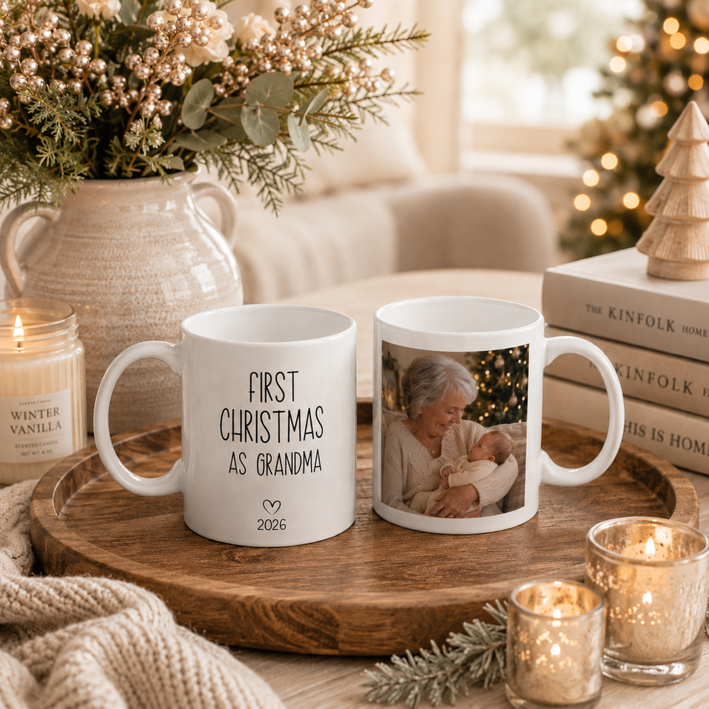 Personalized first Christmas grandma photo mug shown from the side