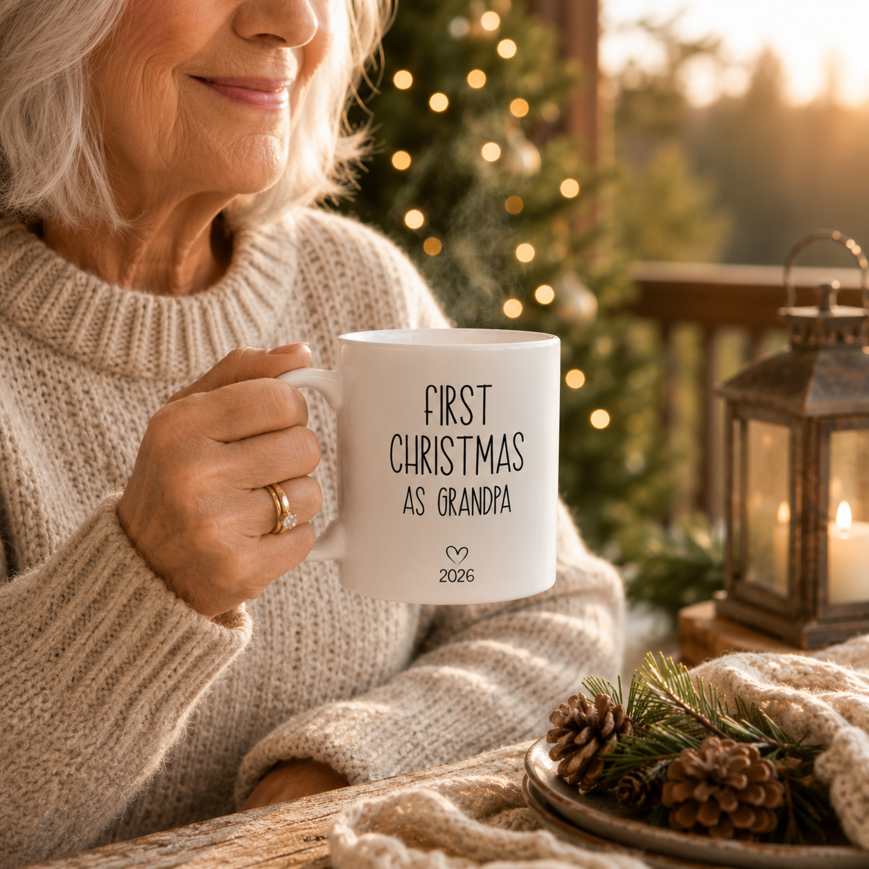 Personalized first Christmas grandma photo mug size and detail view, 11oz and 15oz