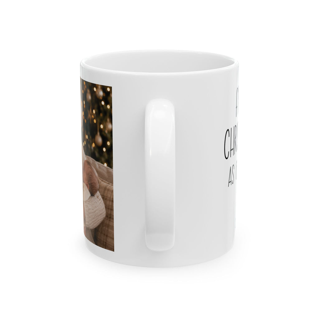 Personalized first Christmas grandma photo mug shown on a table as a Christmas gift
