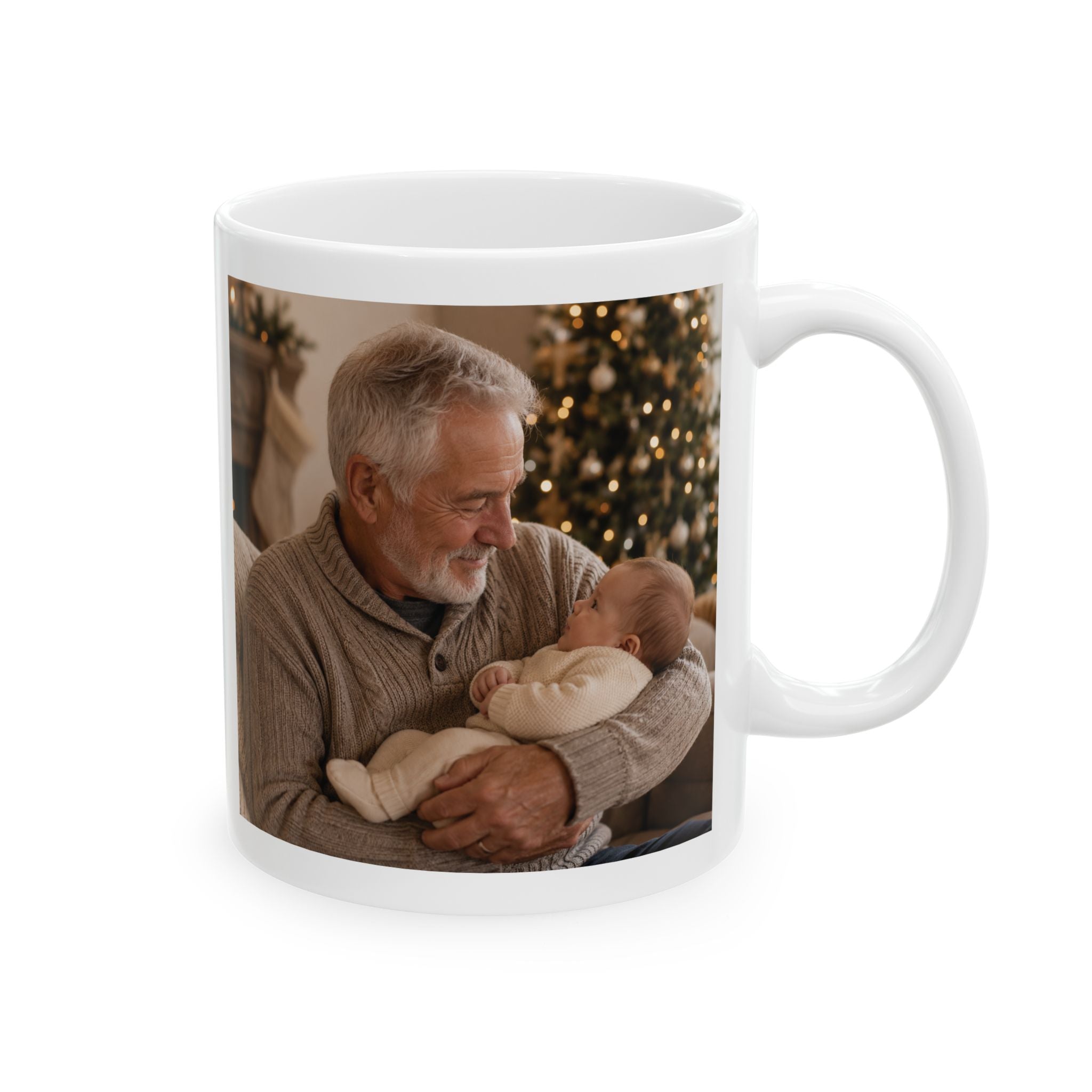 Personalized first Christmas grandpa photo mug displayed on a desk